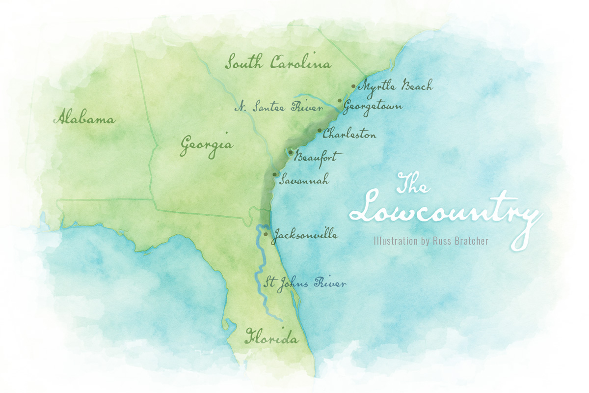 Lowcountry Map of South Carolina, Alabama, Georgia, Florida, showing Georgetown, South Carolina N. Santee River to Jacksonville, Florida St Johns River