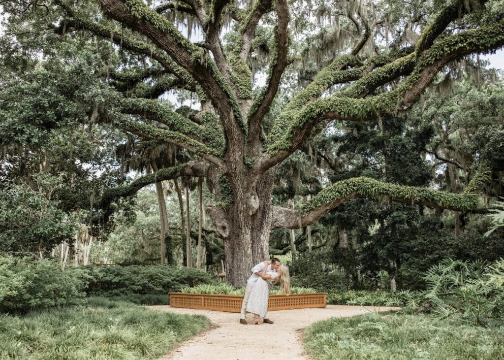 Couple walk through garden at Washington Oaks Gardens Engagement Photos